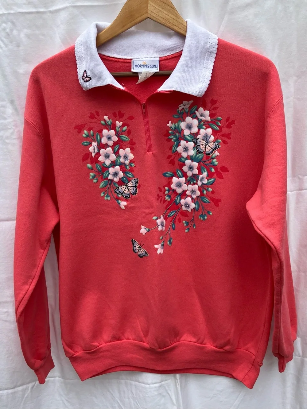 Vintage Grandma Morning Sun Collared Sweatshirt - Coral w/ Flowers & Butterflies